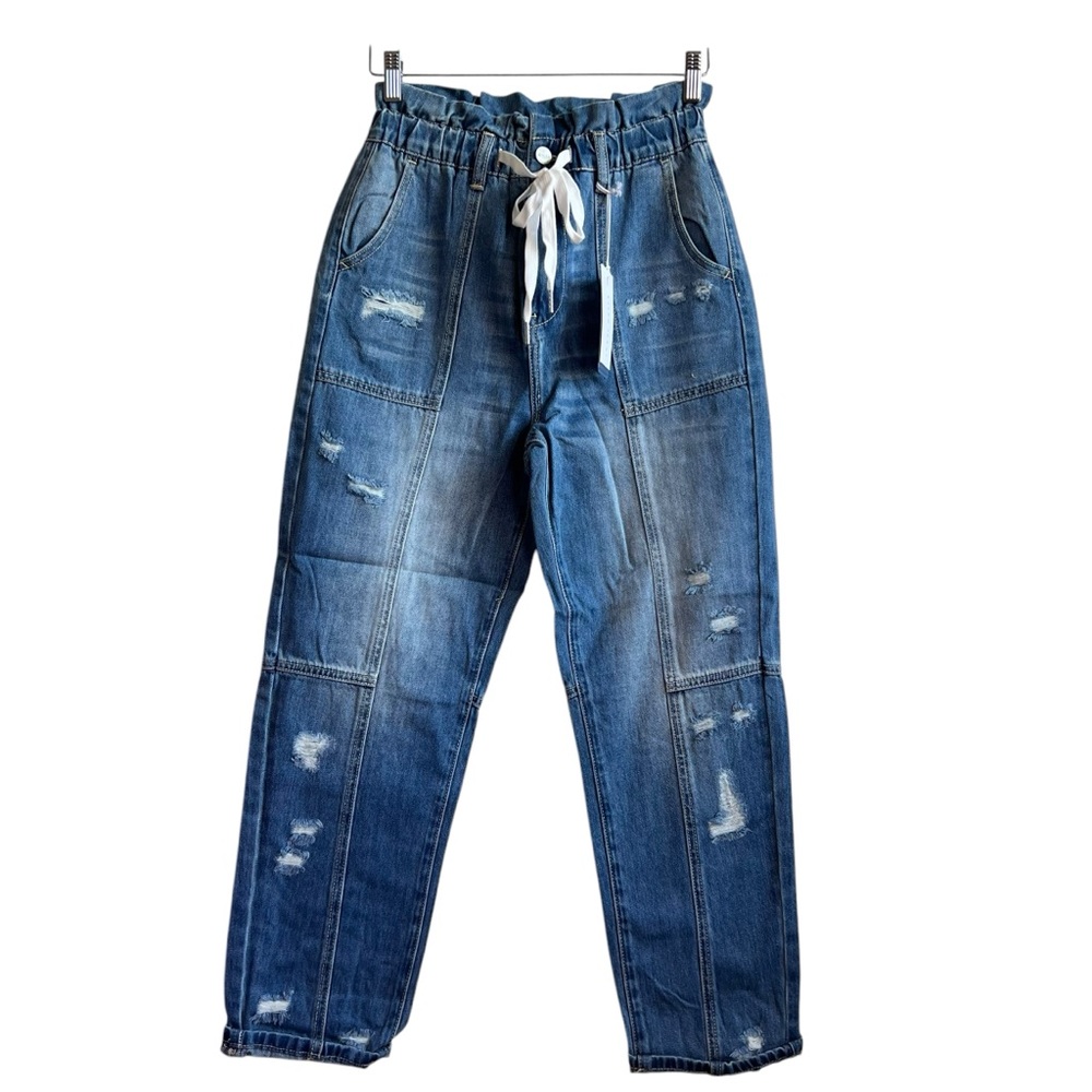 Risen NEW 3/26 High Waisted Draw String Distressed Paper Bag Blue Jeans
